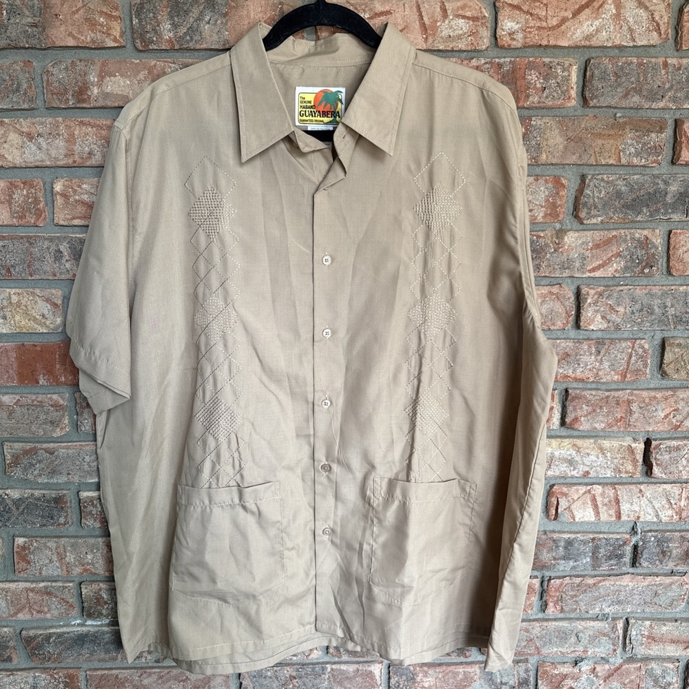 Haband Guayabera Shirt Mens XL‎ Tan Short Sleeve Embroidered Cuban Pocket Summer